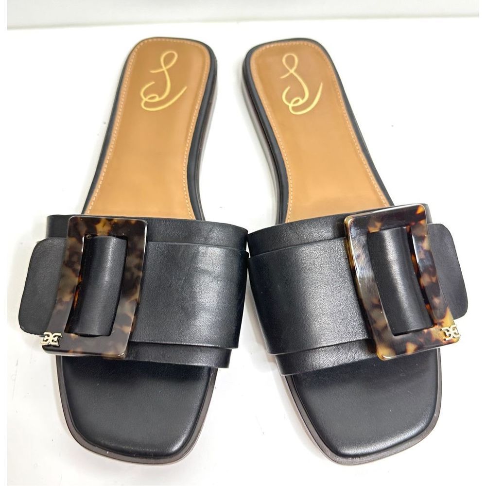 Sam Edelman Black Leather Slide Sandals with Tortoiseshell Buckles